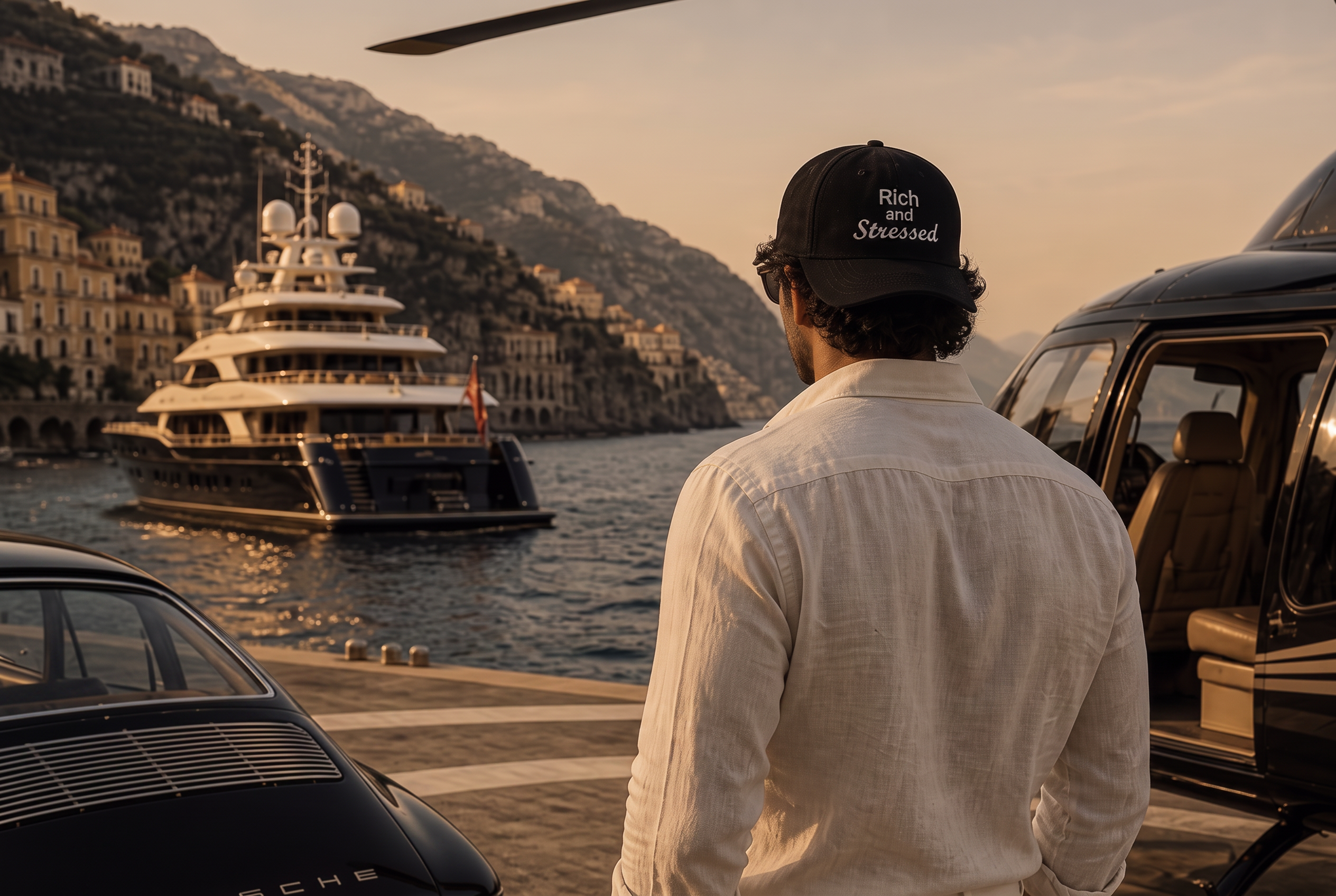 Man in the black Rich and Stressed cap on an Amalfi quay beside a superyacht and a helicopter